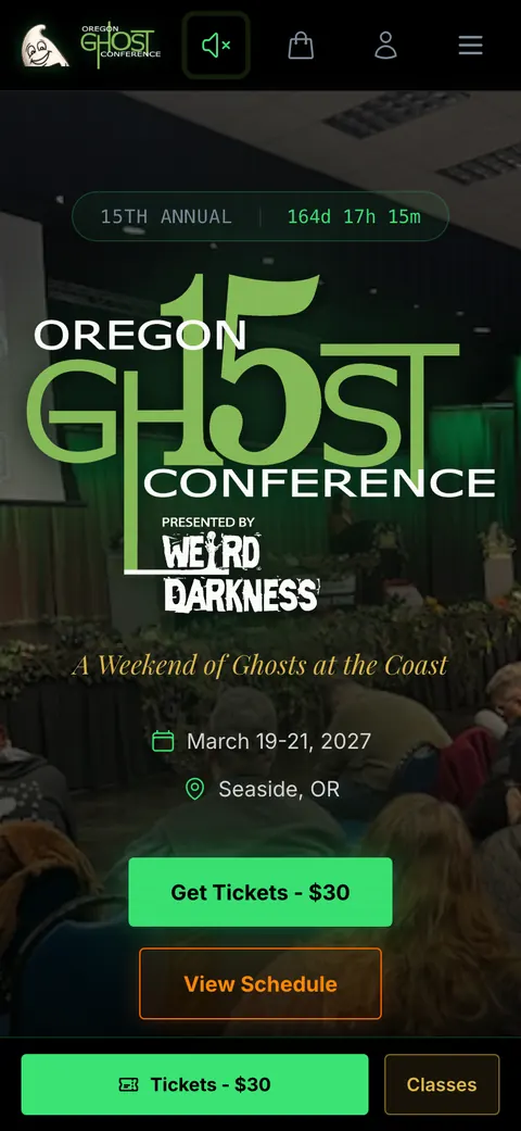 The Oregon Ghost Conference site on a phone: countdown, 15th anniversary logo, ticket button, and a sticky ticket bar at the bottom.