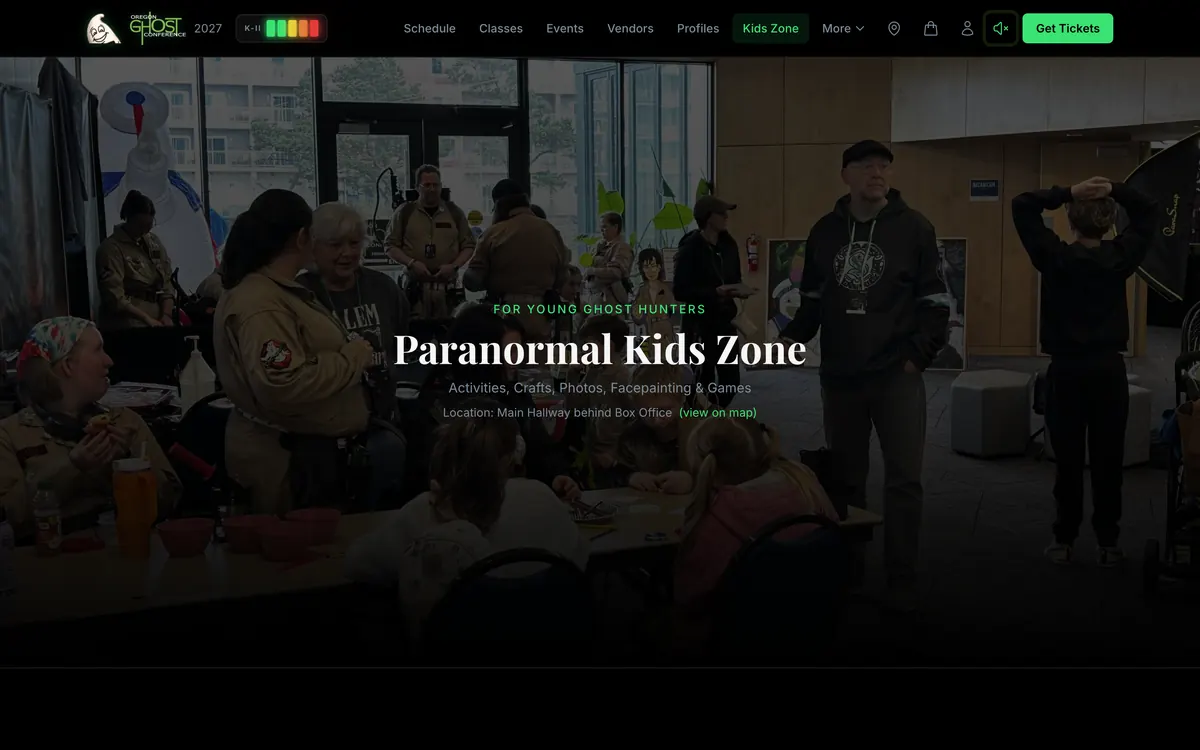 The Paranormal Kids Zone page, with a real photo from the convention floor.